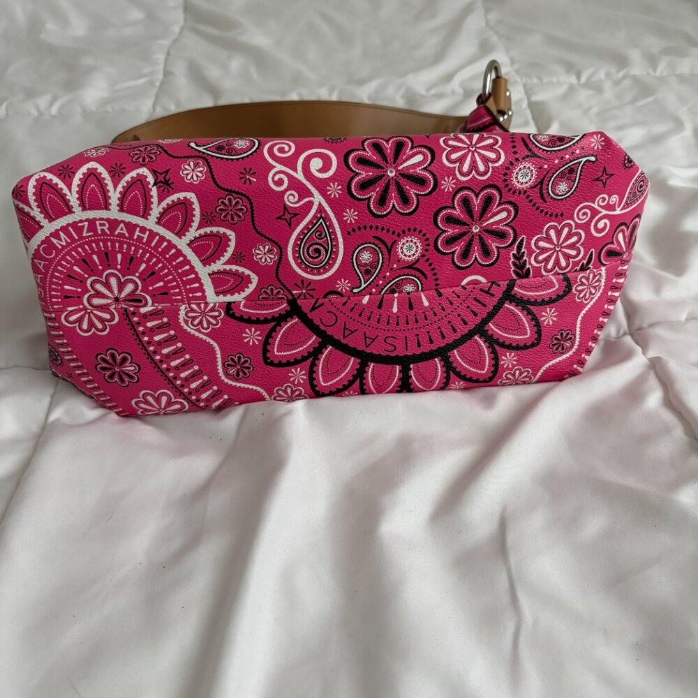 Isaac Mizrahi Pink Bandanna Print Hobo Style Tan PVC Trimmed Bag Retro - Picture 4 of 10